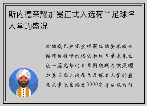 斯内德荣耀加冕正式入选荷兰足球名人堂的盛况